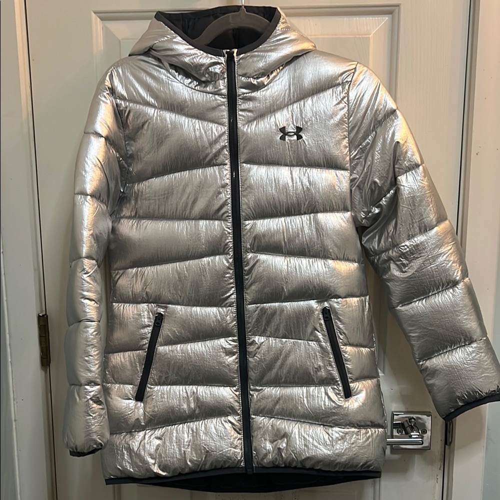 Under Armour Silver Quilted Puffer Jacket with Hood
